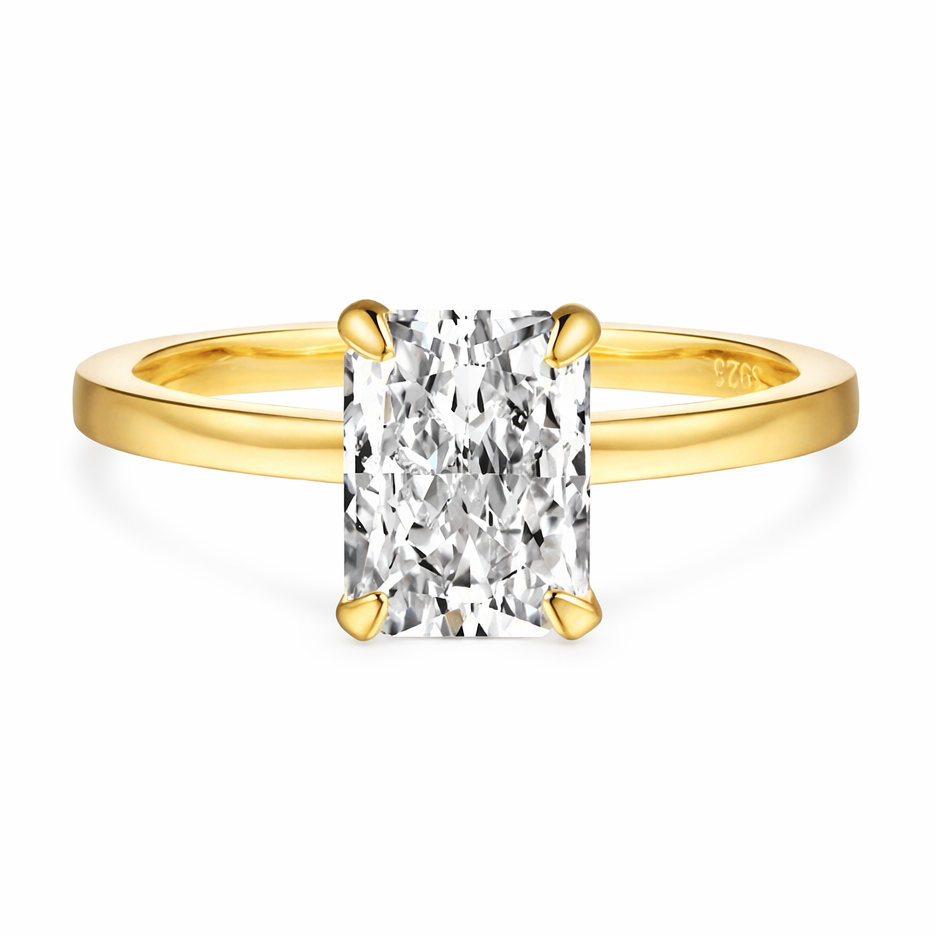 Elara Radiant Cut Plain Band Sterling Silver Solitaire Ring- Gold