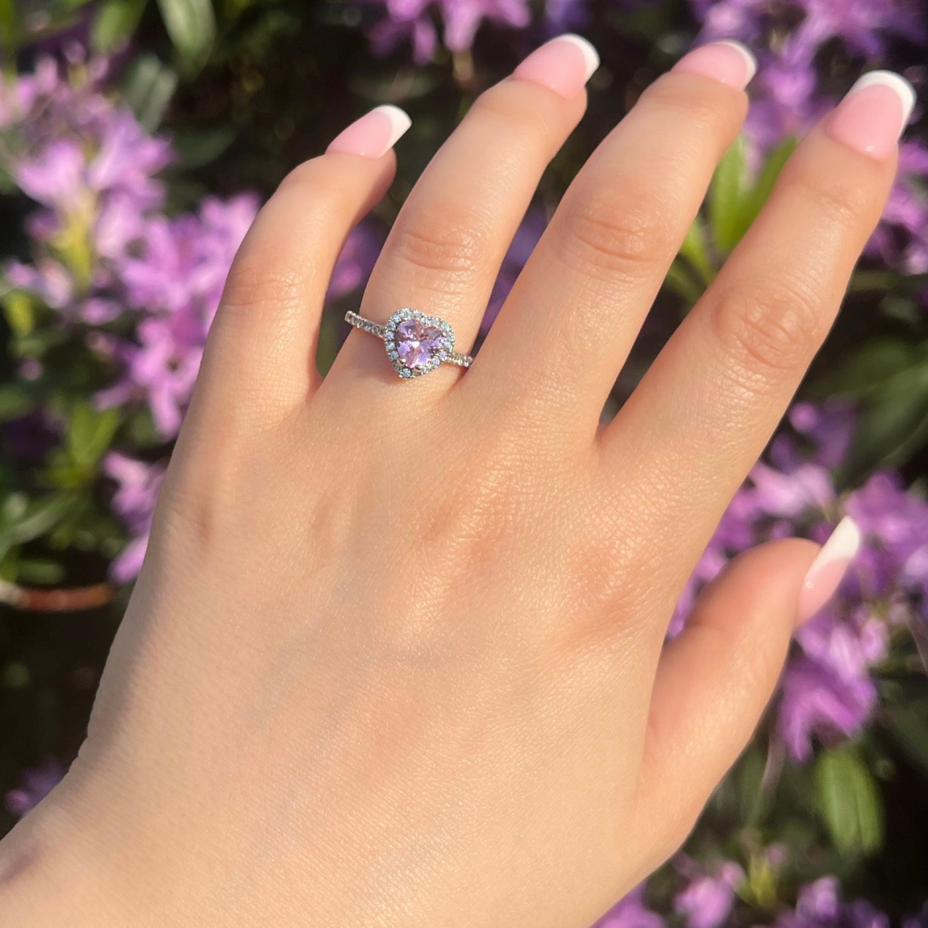 Elina Heart Sterling Silver Halo Ring- Pink