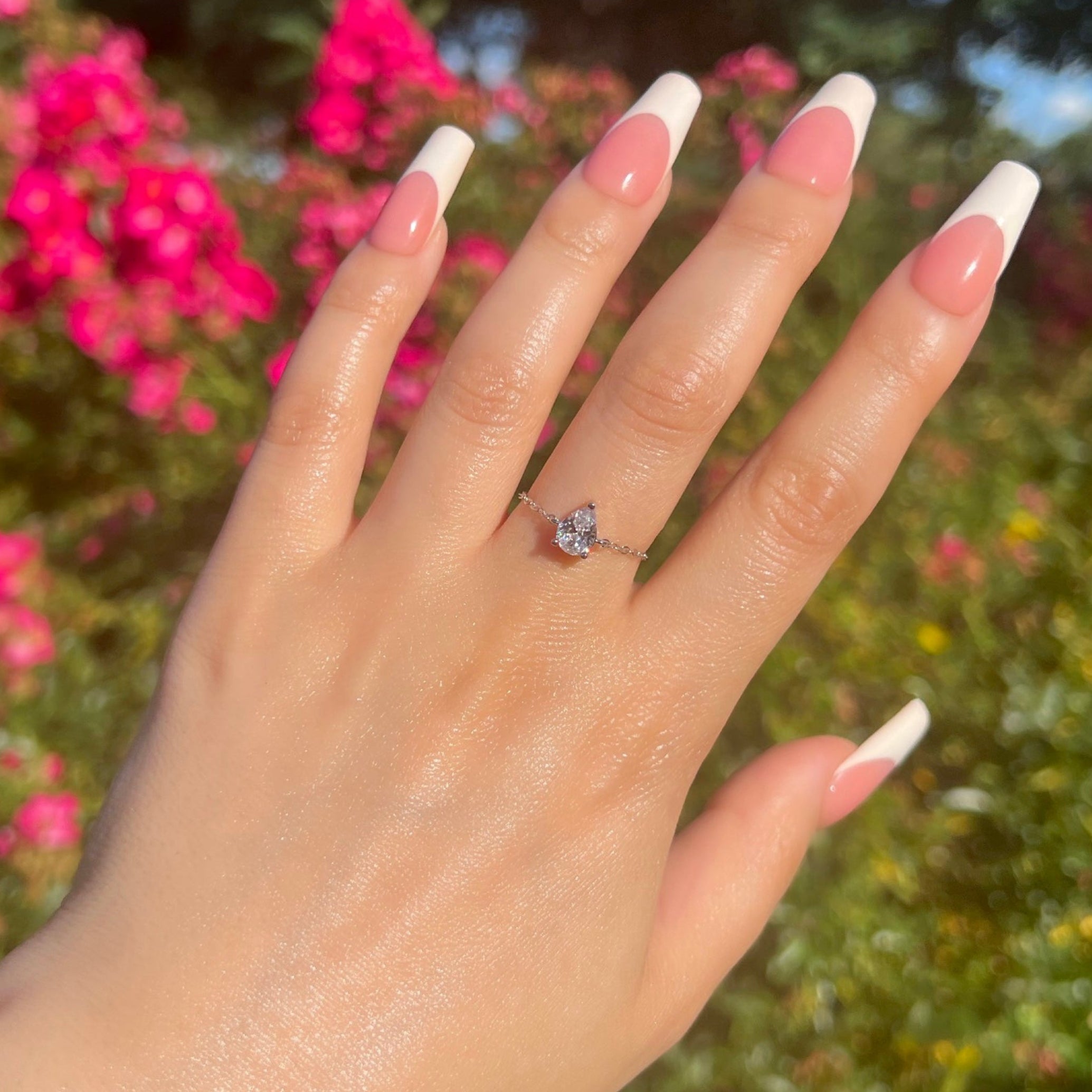 Pear Cut Adjustable Chain Sterling Silver Ring- Silver