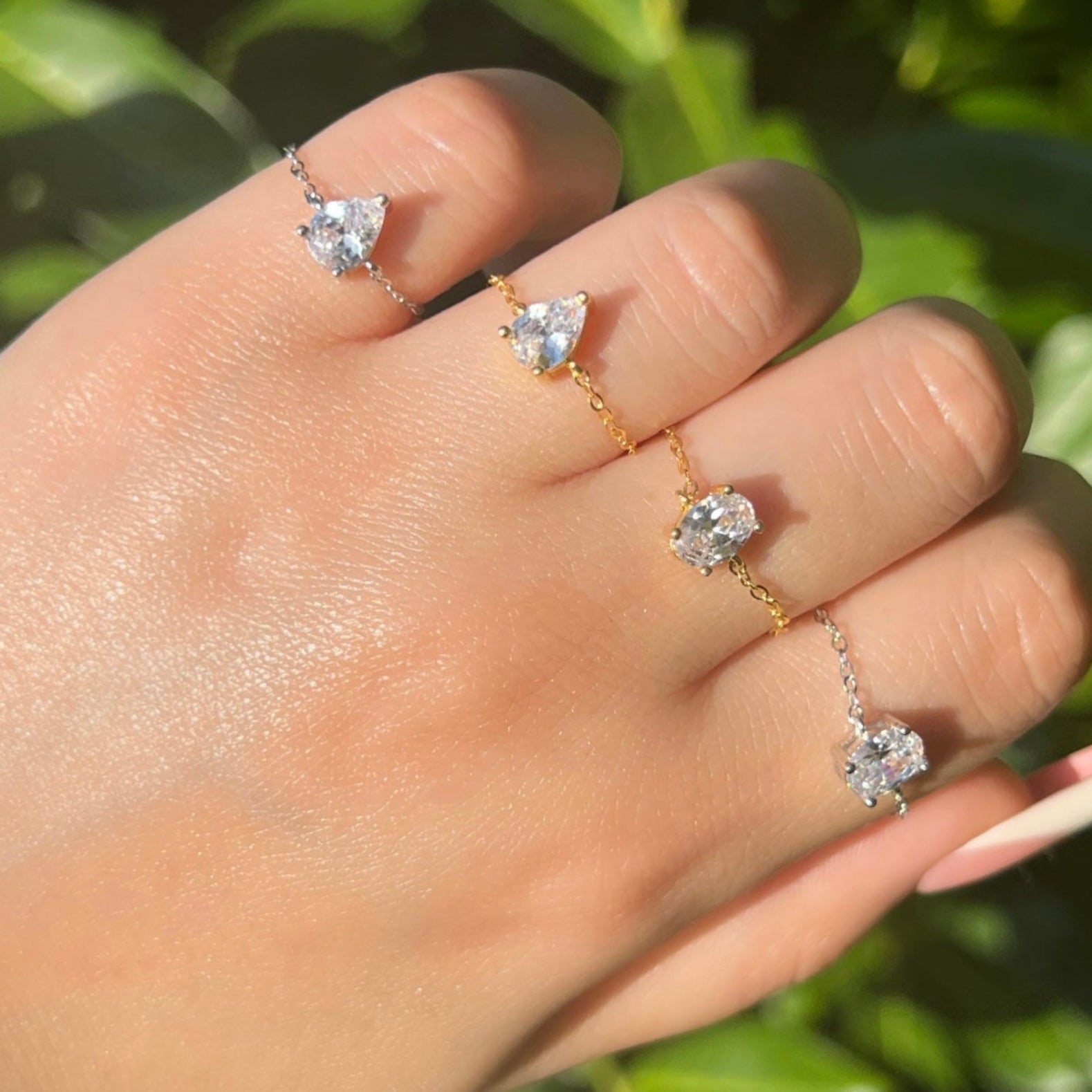 Pear Cut Adjustable Chain Sterling Silver Ring- Silver