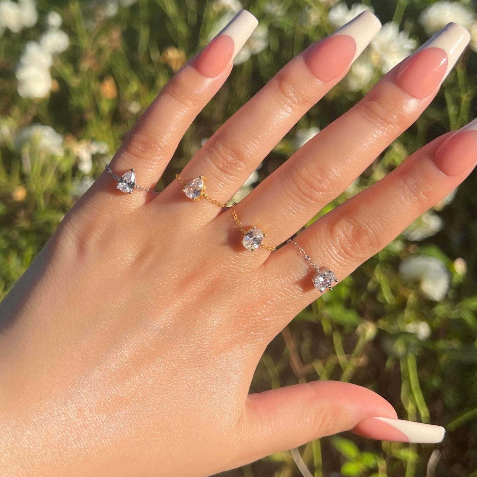 Pear Cut Adjustable Chain Sterling Silver Ring- Silver