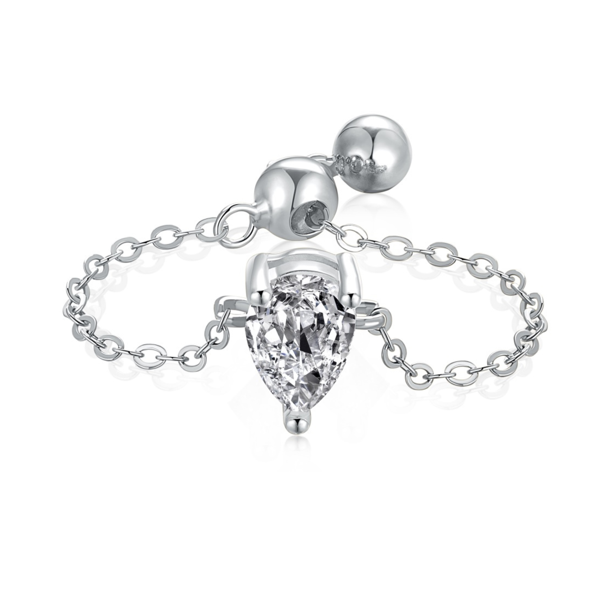 Pear Cut Adjustable Chain Sterling Silver Ring- Silver