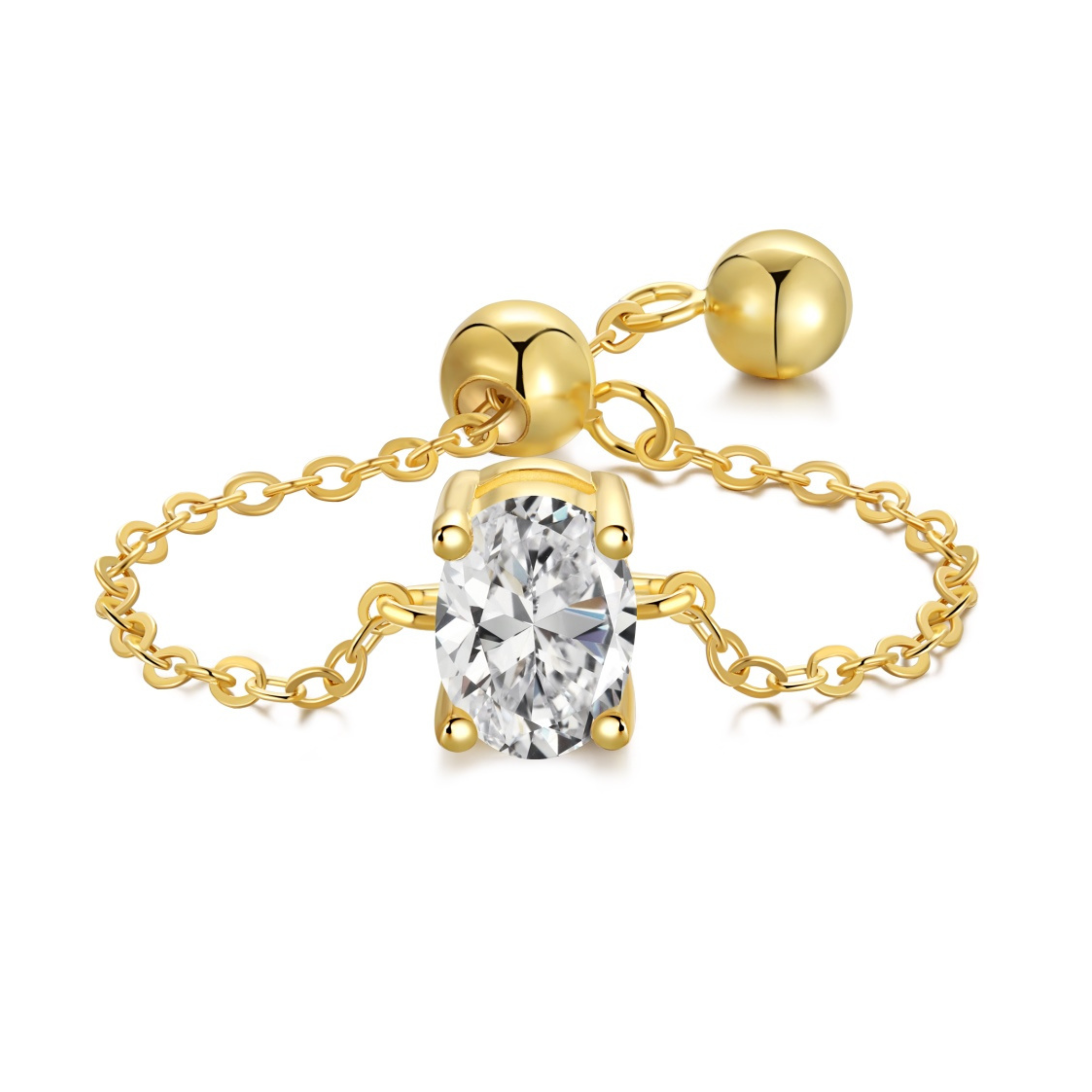 Oval Cut Adjustable Chain Sterling Silver Ring- Gold