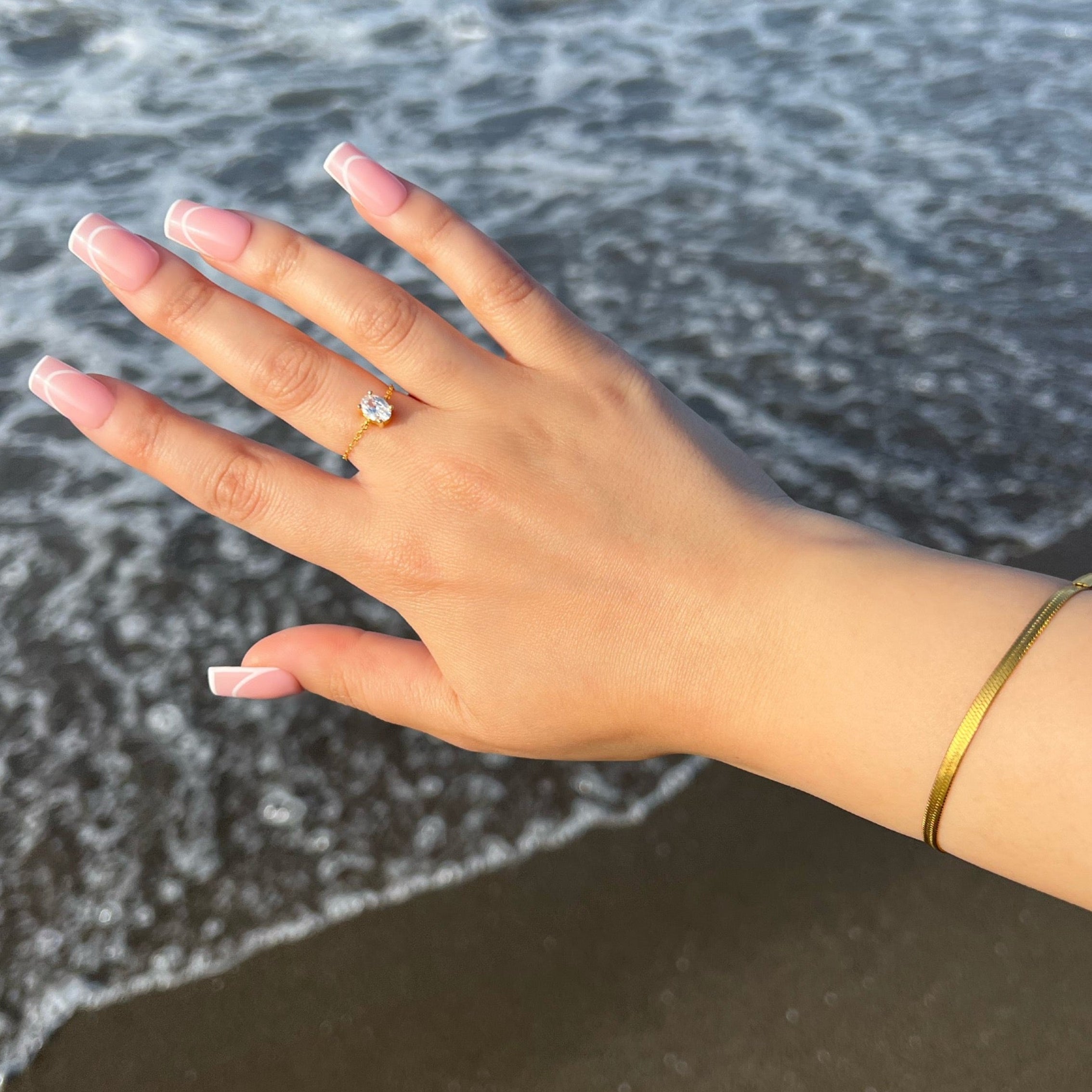 Oval Cut Adjustable Chain Sterling Silver Ring- Gold