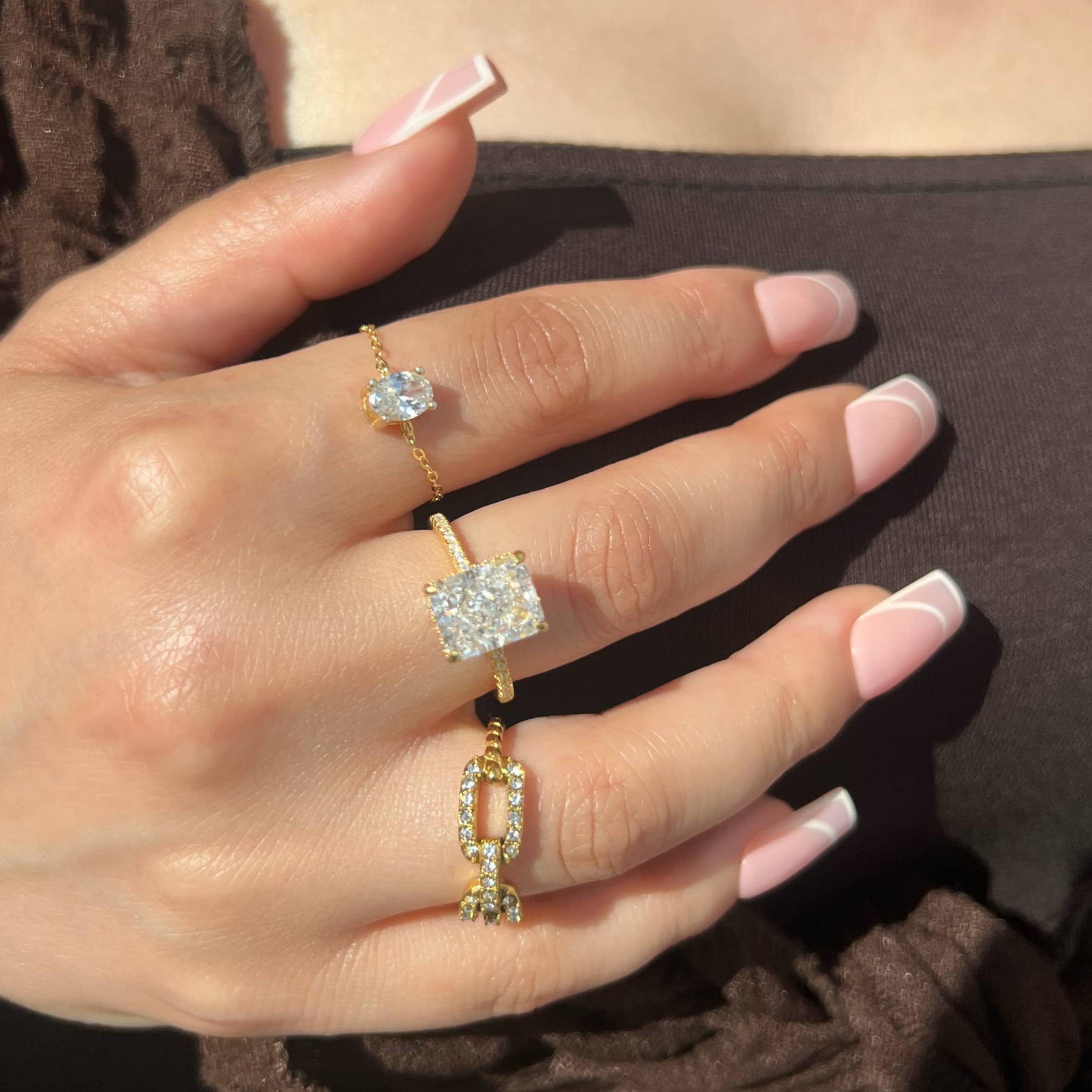 Oval Cut Adjustable Chain Sterling Silver Ring- Gold