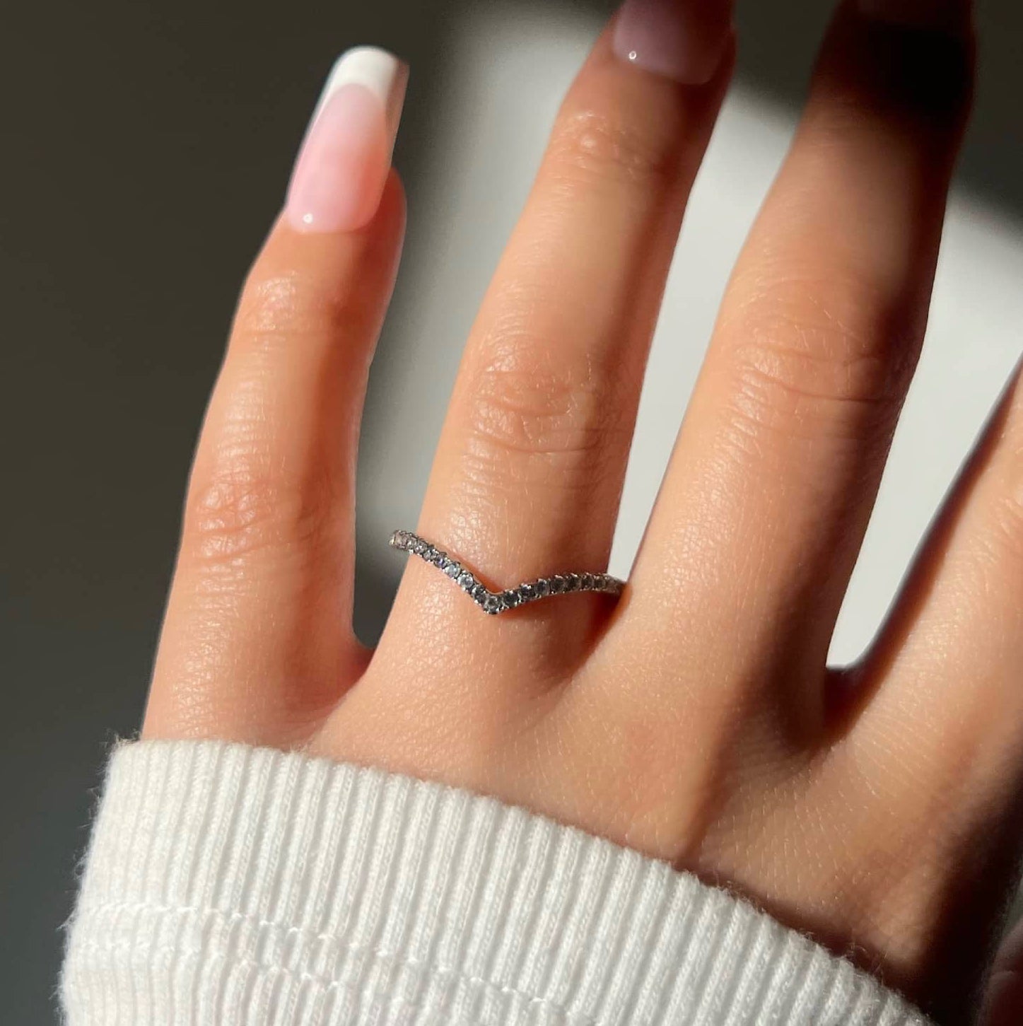 Elle Pave Silver Wishbone V Band Sterling Silver Ring