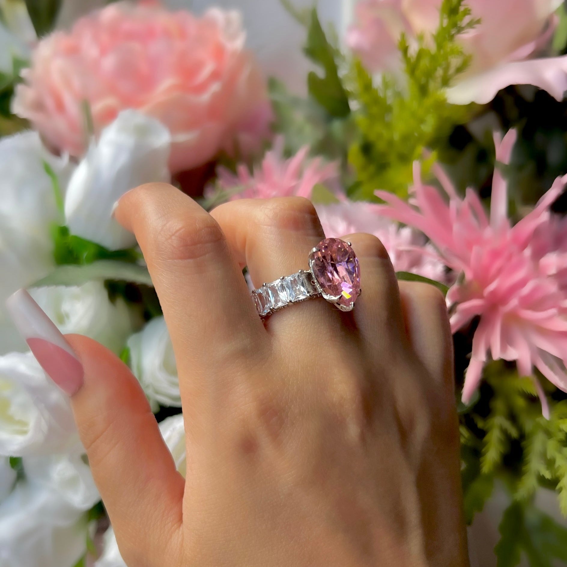 Pear Cut Baguette Ring- Pink