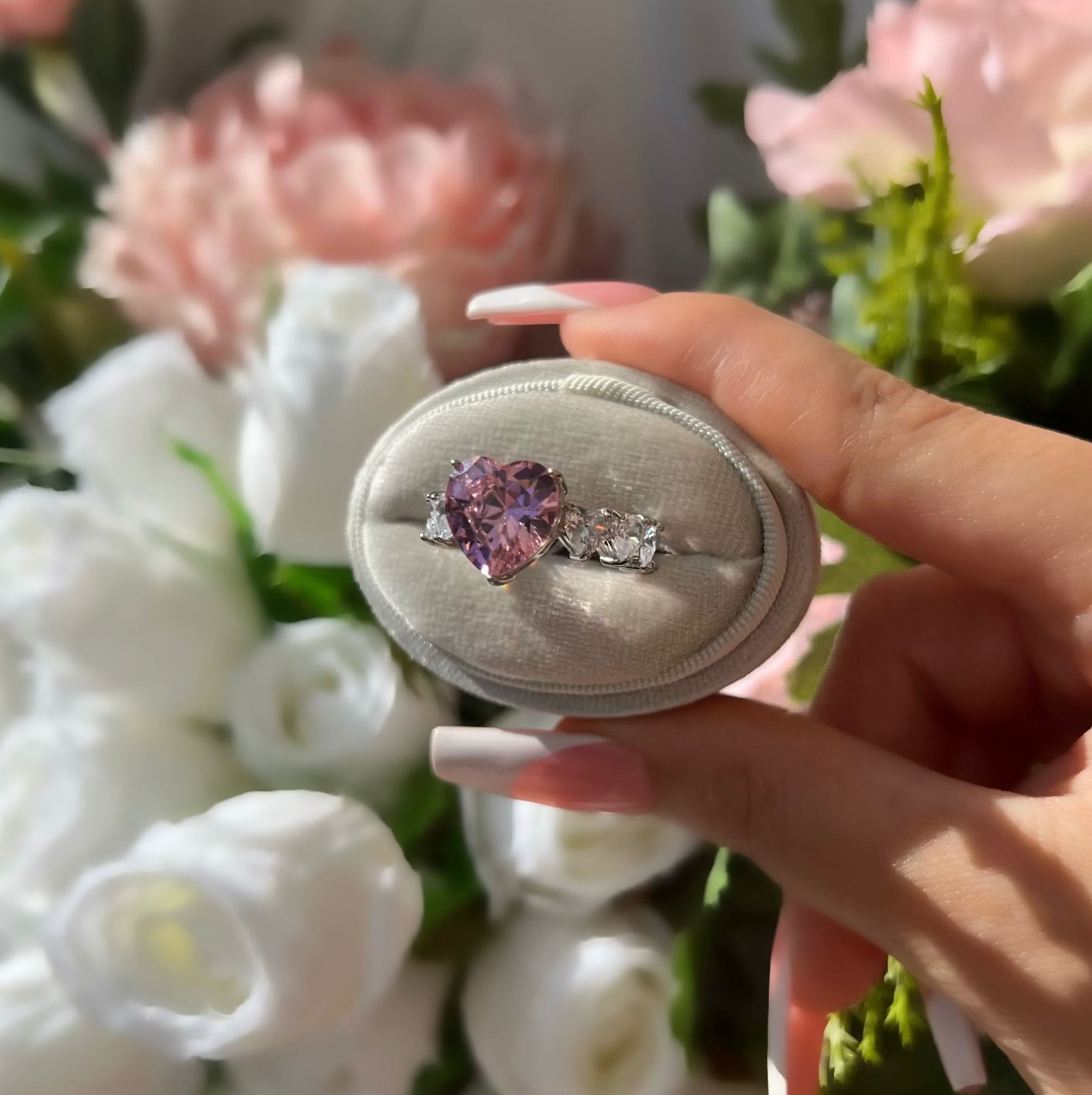 Princess Heart Cubic Zirconia Ring- Pink