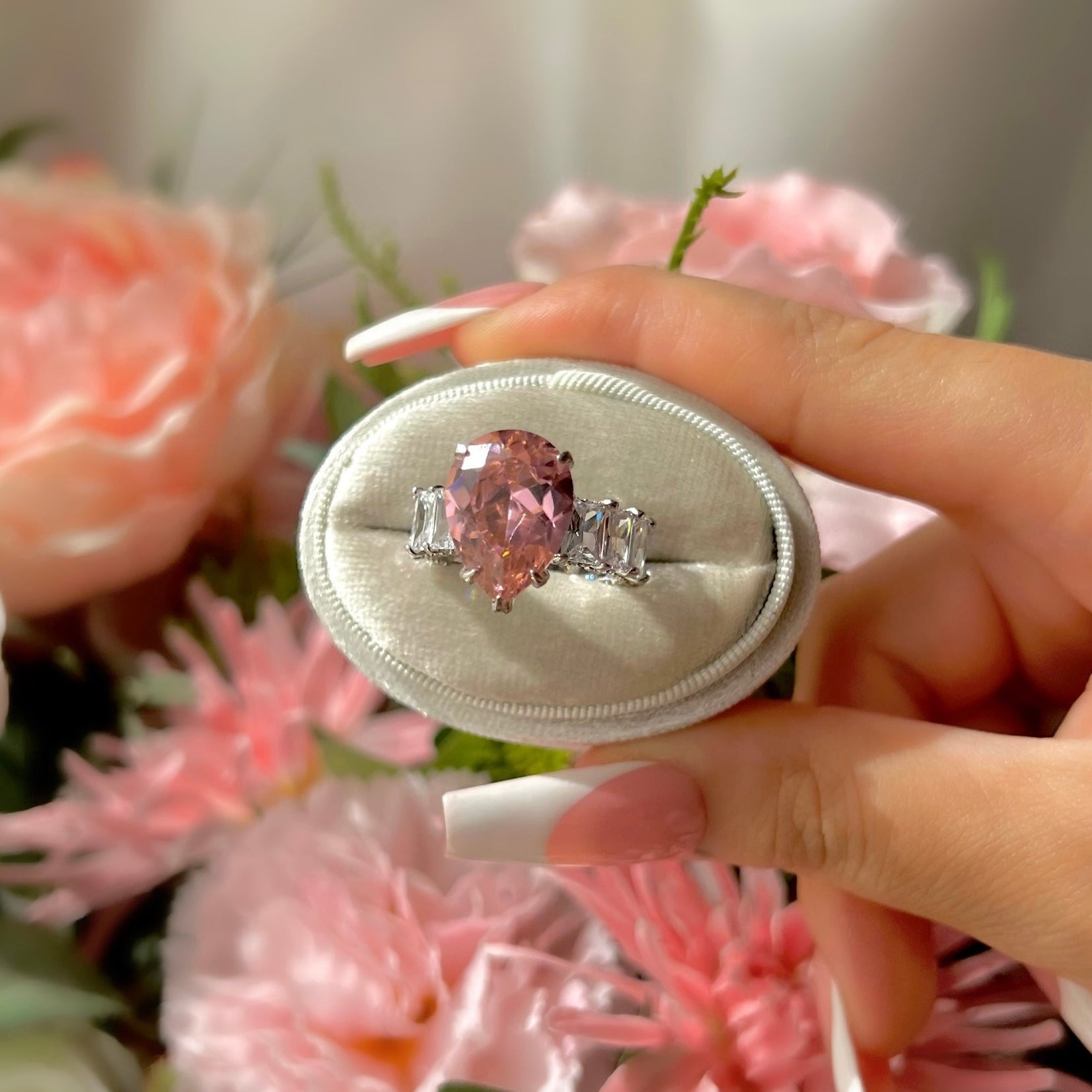 Pear Cut Baguette Ring- Pink