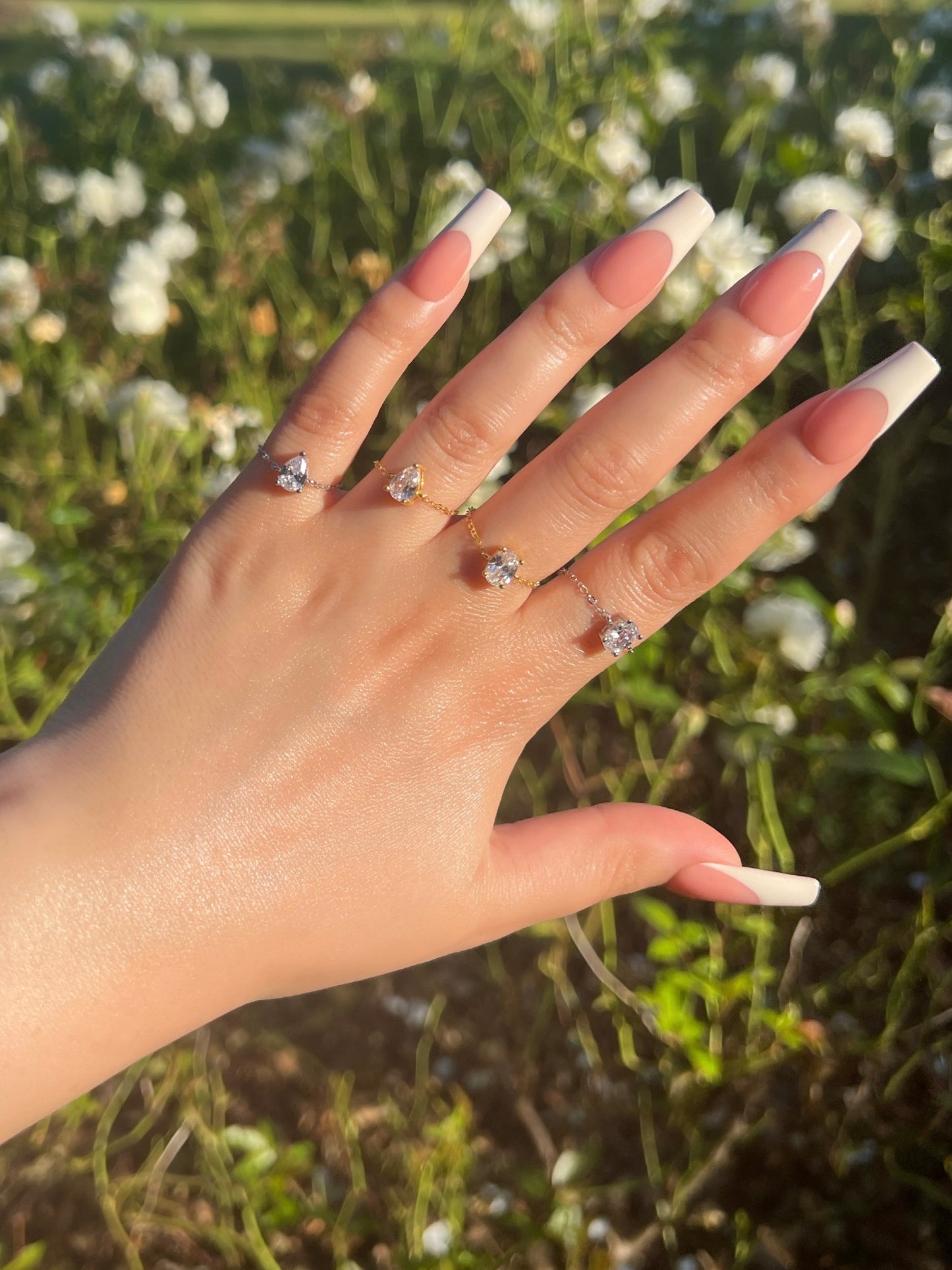 Pear Cut Adjustable Chain Sterling Silver Ring- Silver