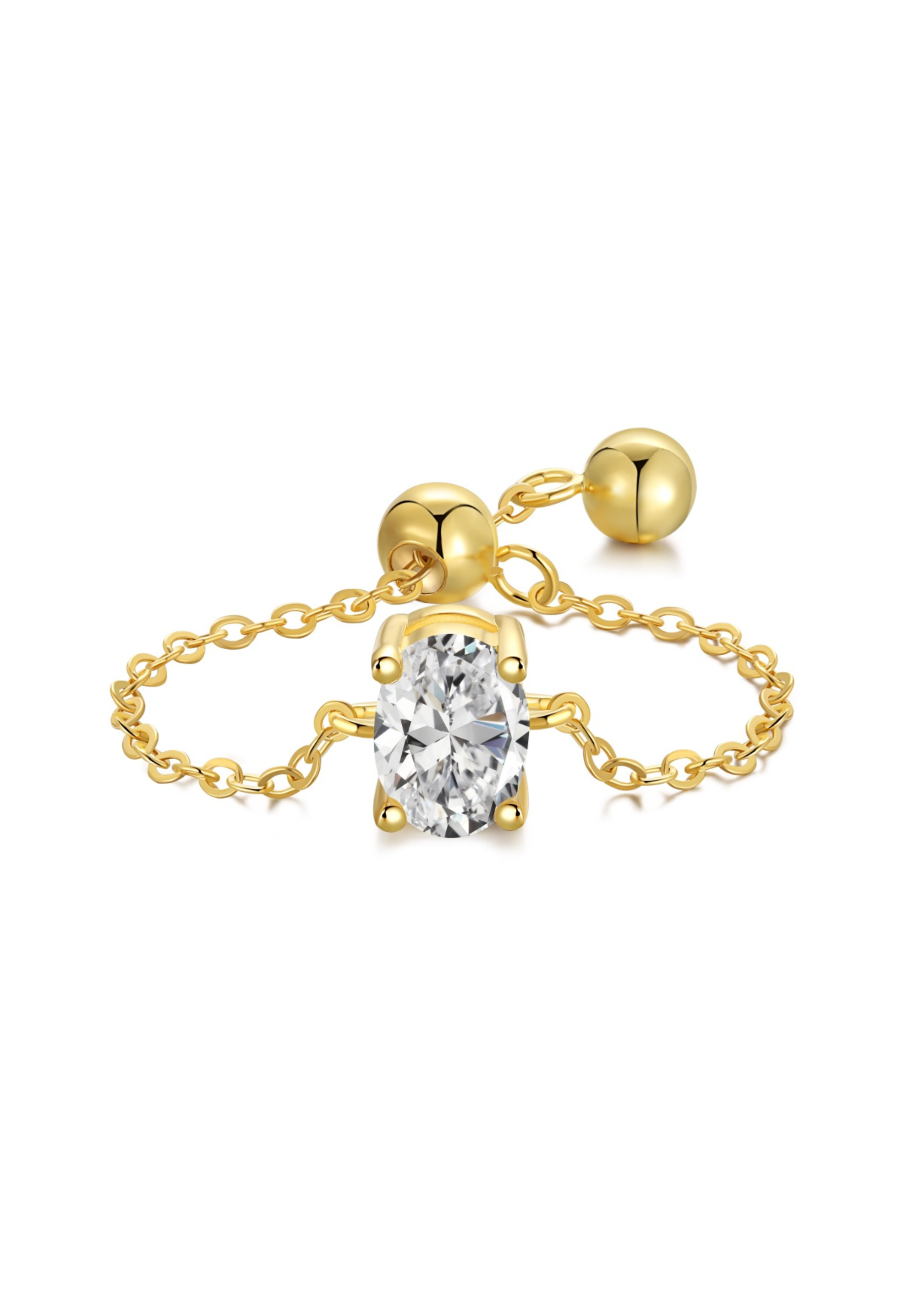 Oval Cut Adjustable Chain Sterling Silver Ring- Gold